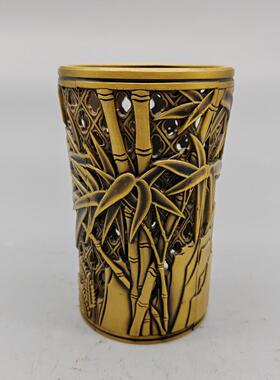 古玩铜器收藏黄铜雕刻竹子笔筒 文房四宝用品笔筒铜摆件