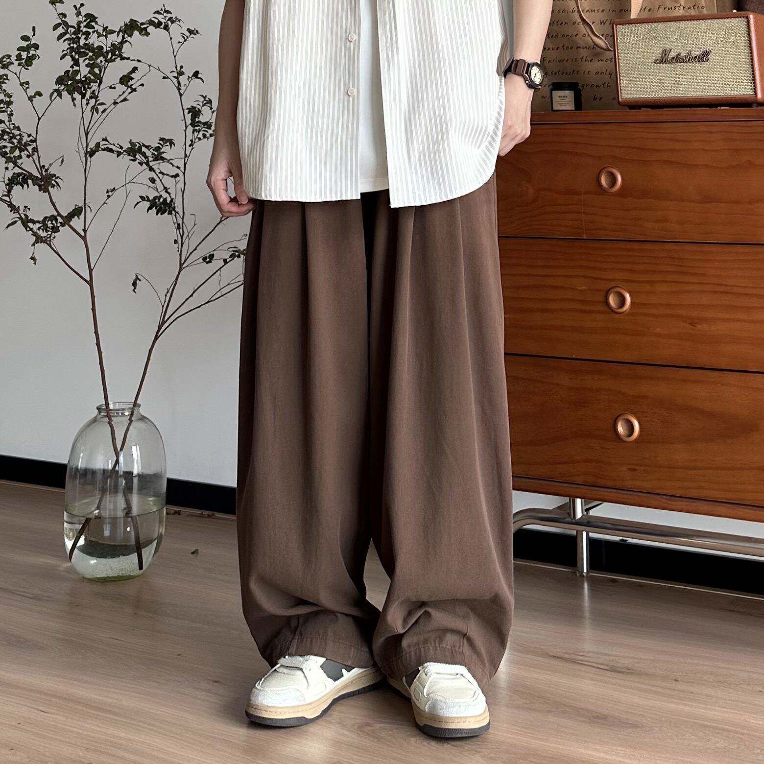 B东日系男装覆古咖啡色带褶休闲百搭中性男生宽松垂感简约长裤子