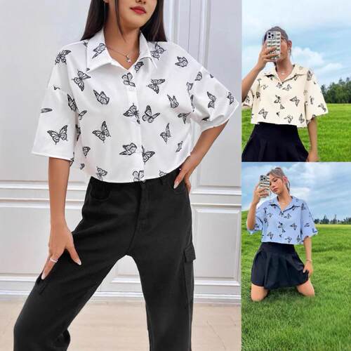 Women Butterfly Print Crop Sleeve Lycra Shirt Blouse Elastic
