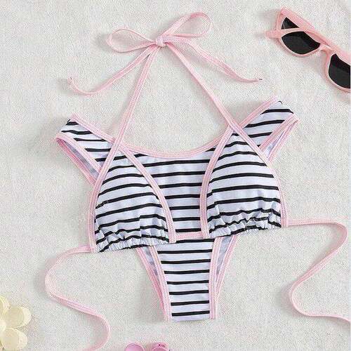 Summer Vibe Alert ! Black & White Striped Halter Bikini