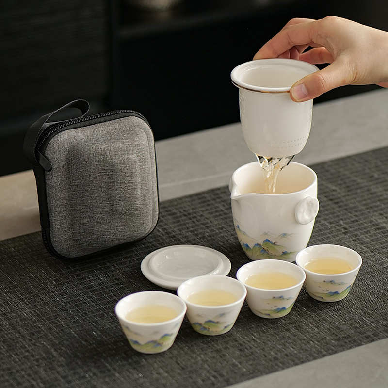 羊脂玉旅行茶具套装一壶四杯户外便携茶壶端午节礼品送客户伴手礼