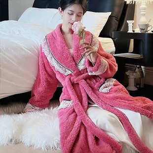 睡衣法兰绒浴袍加裤 珊瑚绒睡袍女加厚长款 甜美公主风保暖家居服