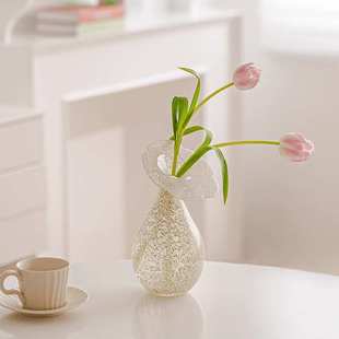 高级感白色玻璃花瓶摆件法式 饰电视柜花器 中古客厅桌面水养插花装