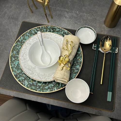 高端酒店餐具套组绿色金边骨碟会所专用鱼翅盅五格方盘高脚碗筷架