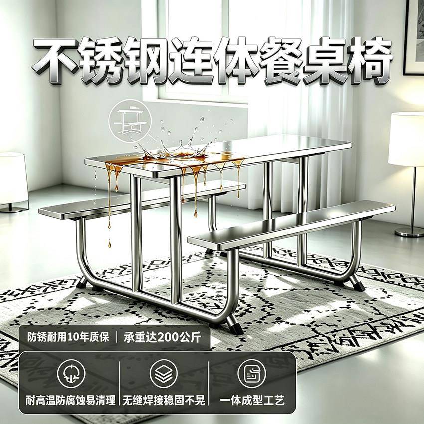 不锈钢连身学校工厂食堂餐桌椅快餐小吃美食店室外一体餐桌椅组合