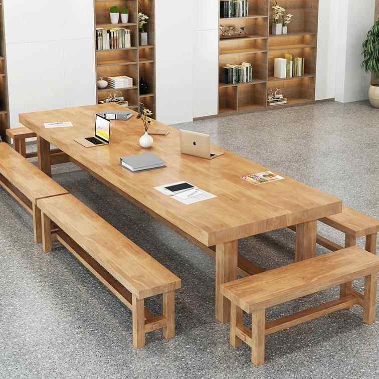 简约loft长方形实木会议桌椅组合图书馆长桌北欧原木教工食堂饭桌