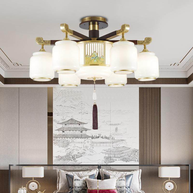 新中式全铜吊灯乌檀实木千里江山客厅灯别墅餐厅卧室吸顶吊灯