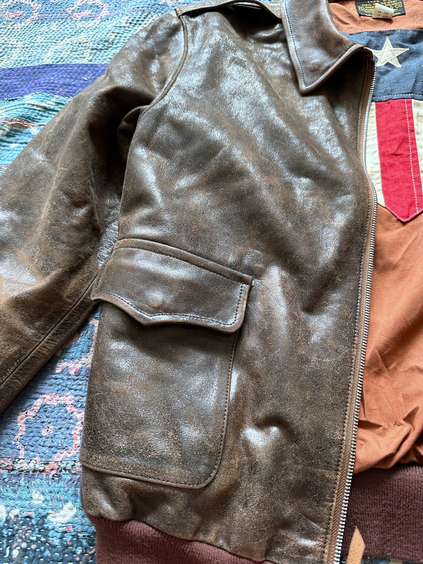 RRL Distressed A2 Leather Jacket — label