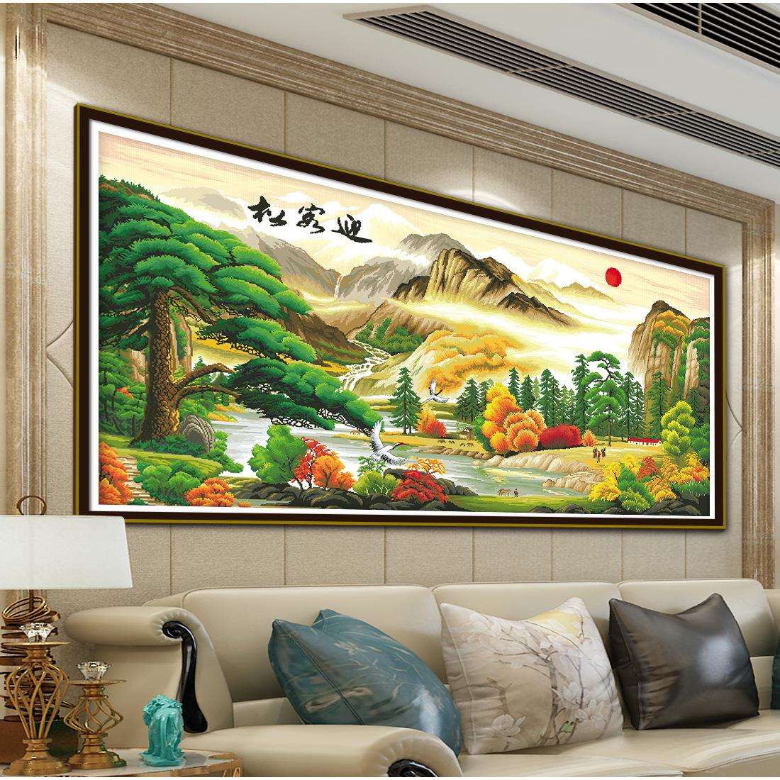 新款迎客松金运版十字绣金色美丽景色风景画客厅装饰手工刺绣2026