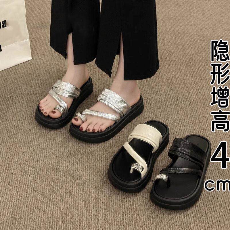 香港真皮银色松糕厚底套趾凉拖鞋女夏外穿2025新款配裙沙滩一字拖