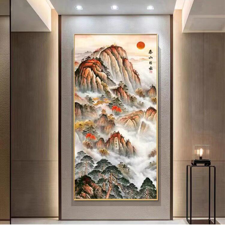 靠山图有山无水画 画入户玄关过道旭日东升泰山日出风水招财壁画