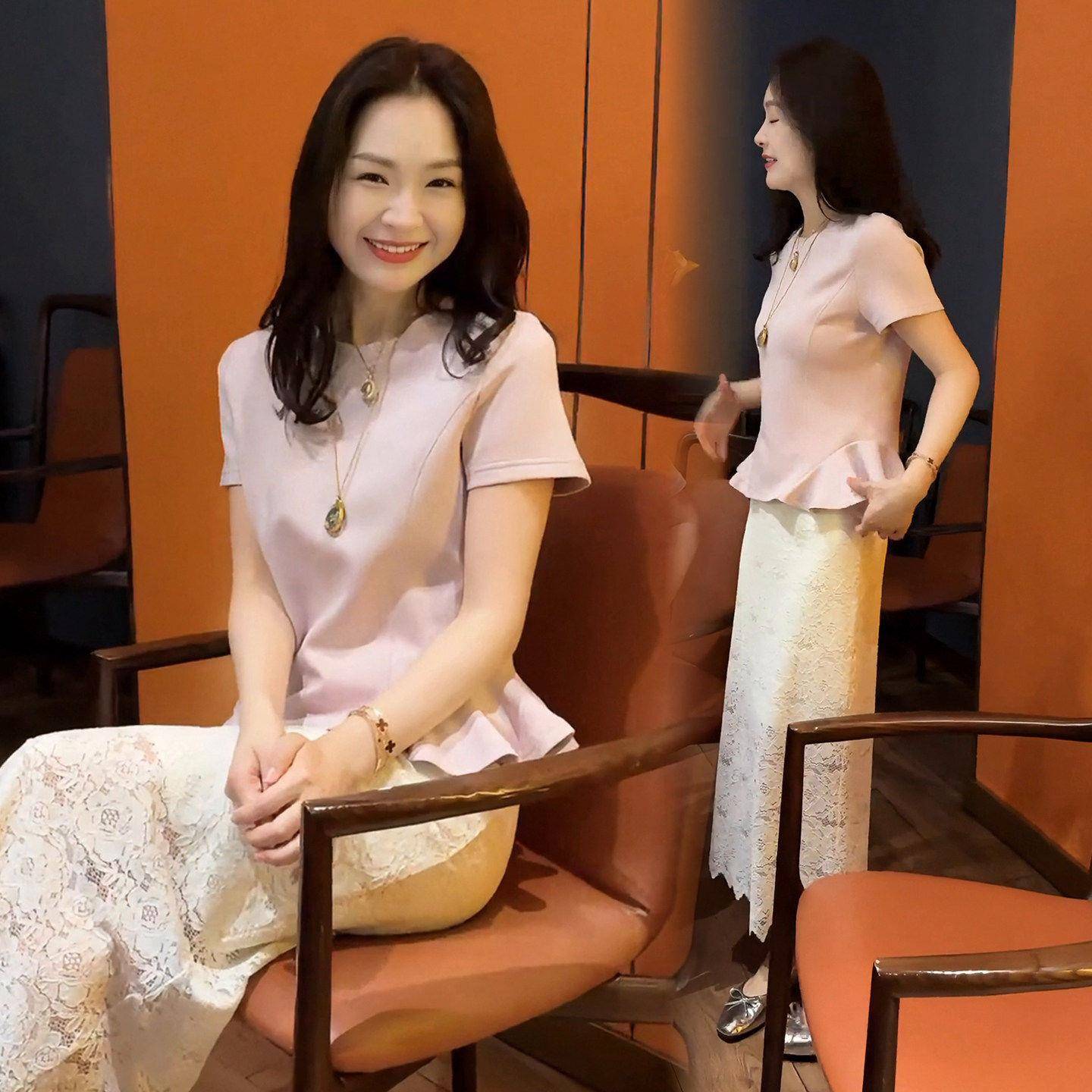 香港代购时尚套装裙女夏季新款洋气质荷叶边短袖蕾丝半身裙两件套