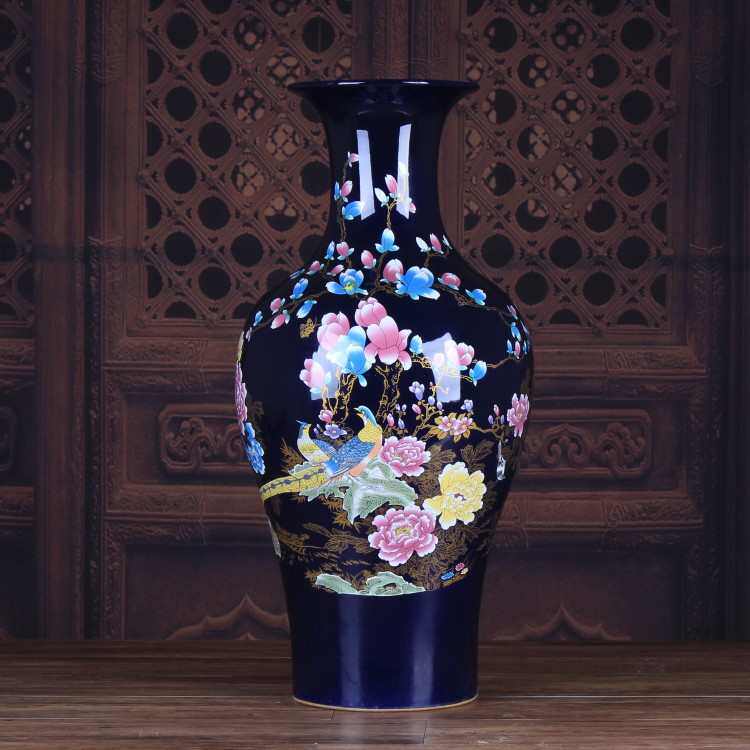 礼品花瓶陶瓷玉兰花色釉地大景德镇颜落鱼尾 瓶蓝色花瓶装饰摆件