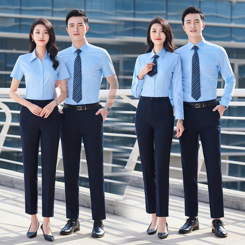 竹纤维衬衫男女同款工作服浅蓝色职场通勤长短袖衬衣定制刺绣logo