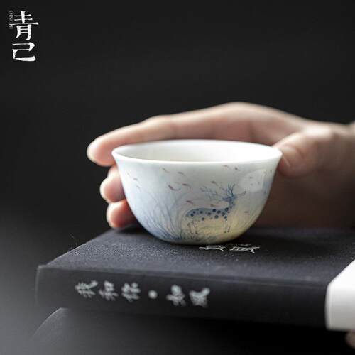 青己 青花手绘小鹿茶杯 功夫茶具品茗杯家用主人杯 釉下彩功夫茶