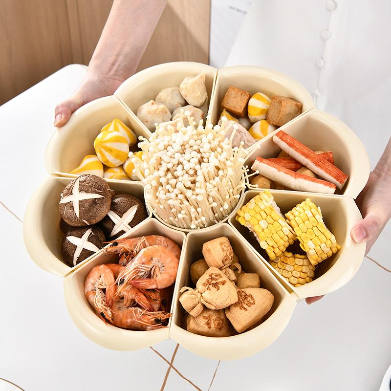 火锅盘家用厨房食品级加厚简约可旋转分格蔬菜拼盘沥水收纳配菜盘