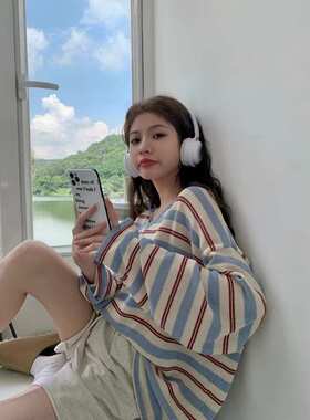 实拍秋季撞色条纹针织衫女韩版宽松慵懒风长袖罩衫上衣外穿42980