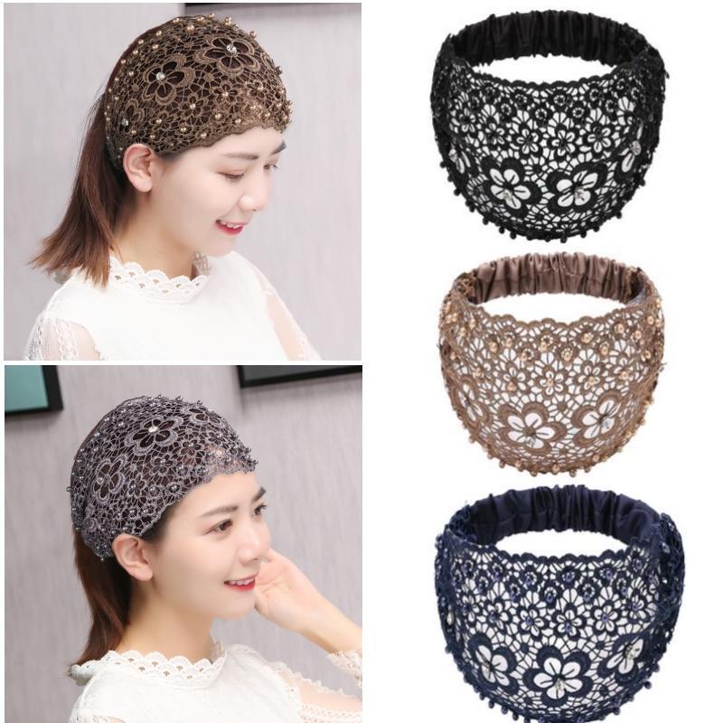 Hook Lace Headband Pearl Hollow Thin Wide Elastic