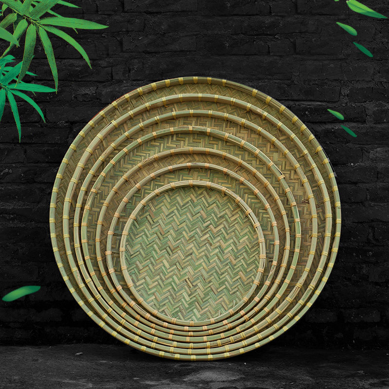 苏里竹青竹皮圆形簸箕手工竹编制品竹托盘家用晾晒竹筛子无孔竹匾