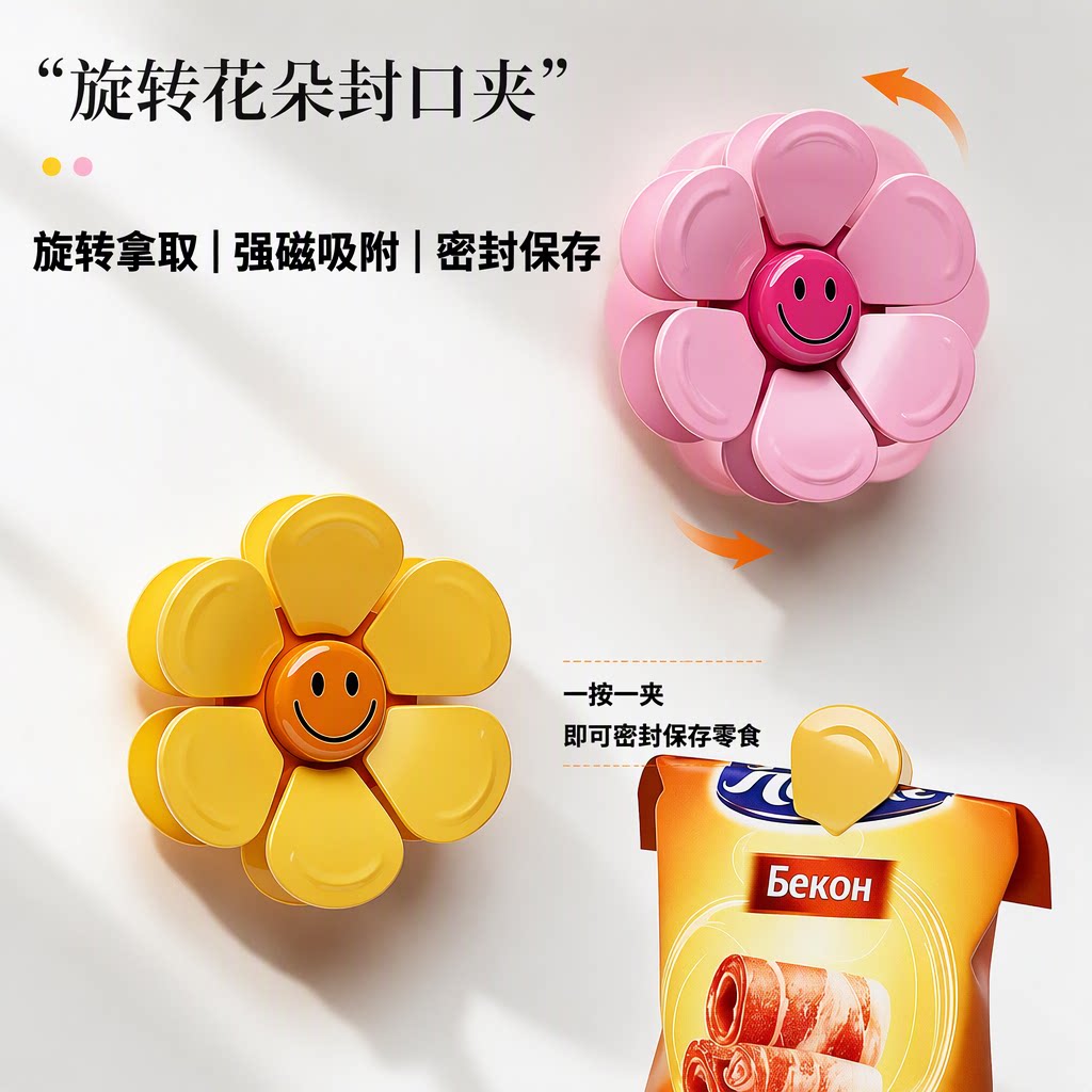 旋转花朵封口夹强磁冰箱贴食品密封夹家用可爱笑脸零食保鲜旗舰店