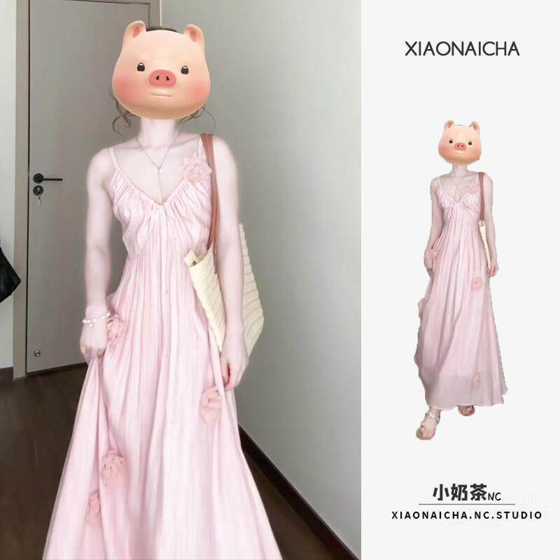 度假风粉色花朵V领吊带洋装女夏季新款沙滩海边收腰仙女长裙子