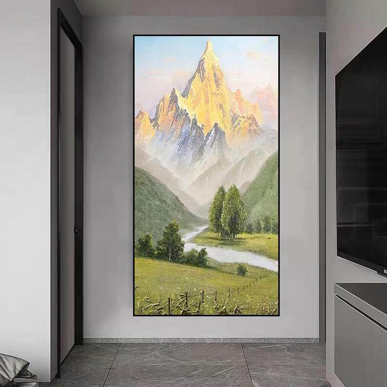 纯手绘油画背有靠山玄关装饰画日照金山风景走廊过道壁画山水挂画