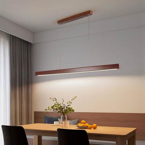 原木风餐厅吊灯简约胡桃木新中式茶室灯一字长条吧台餐桌灯具L335