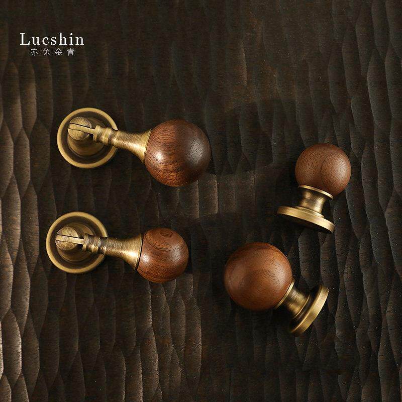 复古胡桃木黄铜拉手中古风古铜衣橱柜门抽屉把手衣柜门大圆球拉手