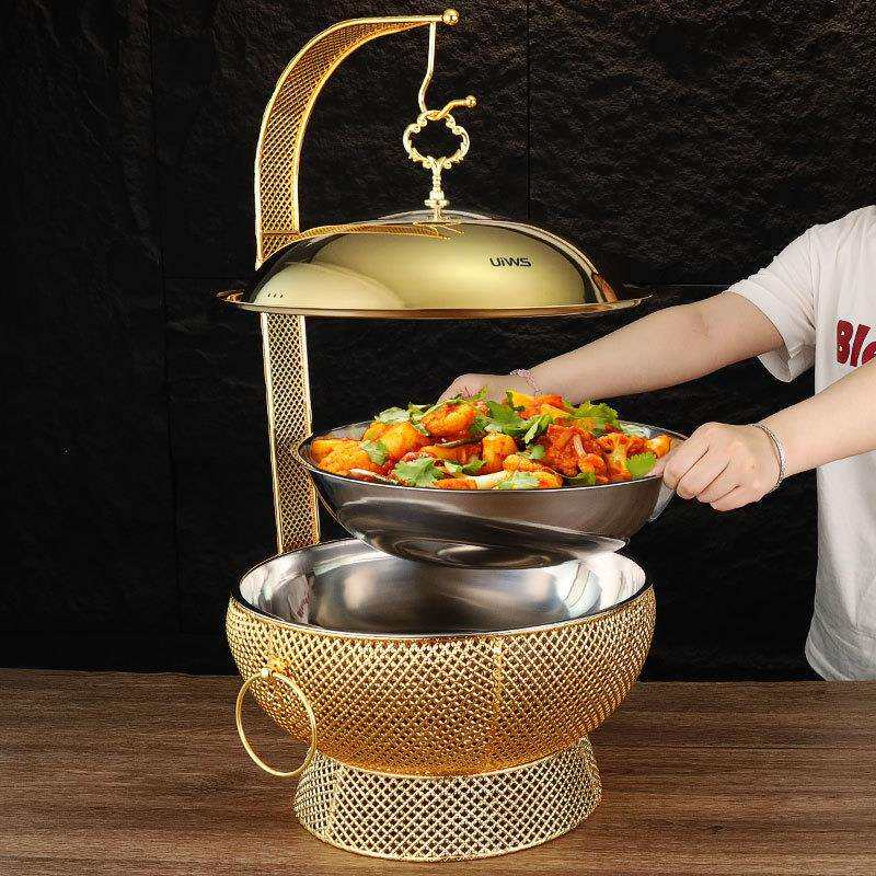 轻奢款式不锈钢悬挂盖餐炉8.0L餐厅食物加热布菲炉铁艺支架酒精炉