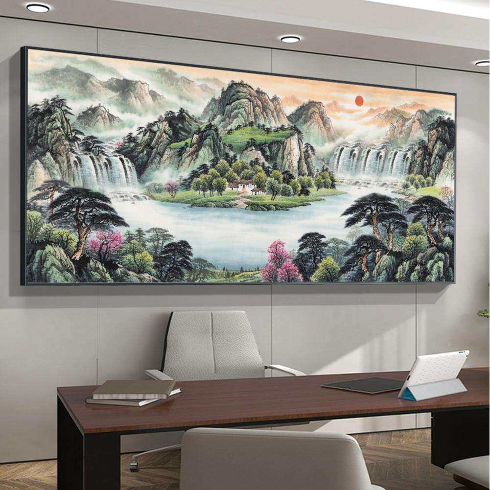 山水风景油画布喷绘铝合金挂画字画壁画办公室国画沙发客厅装饰画
