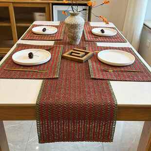 美式乡村纸编织桌旗黄麻节日装饰茶巾田园红色婚礼长桌巾ins餐垫