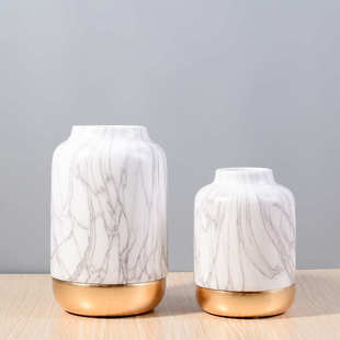 轻奢大理石纹理陶瓷花瓶大口径插花瓶镀金防滑底座家居客厅盆栽瓶