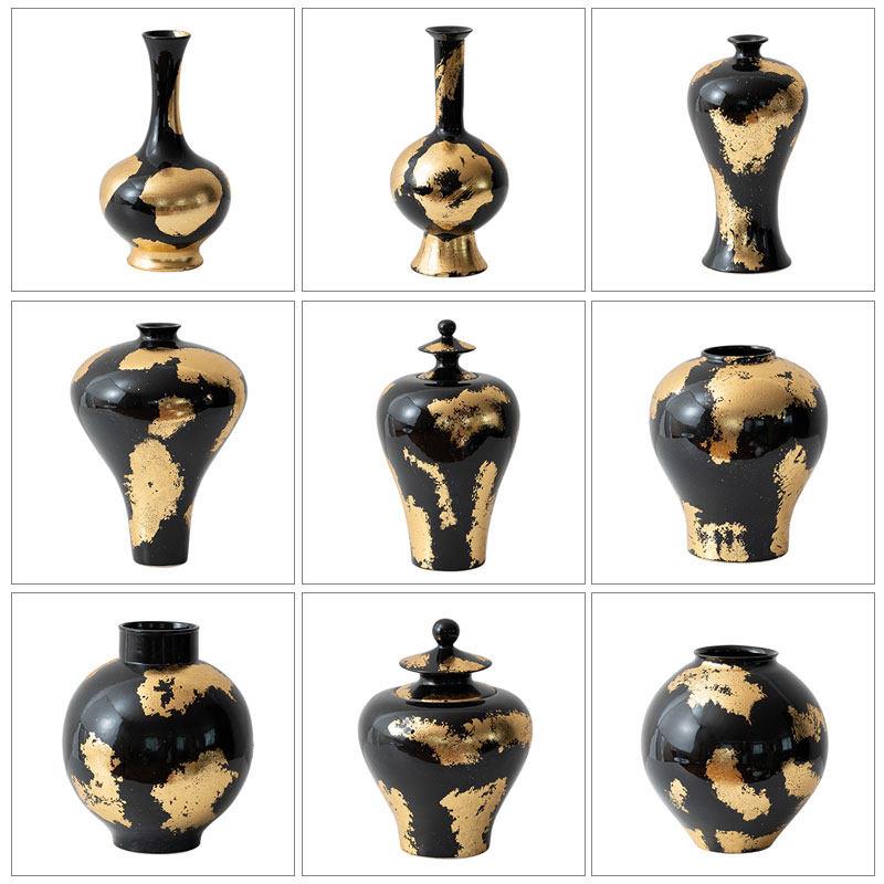 新中式黑金陶瓷花瓶摆件样版房间样品屋展示中心大堂展示柜陶罐将