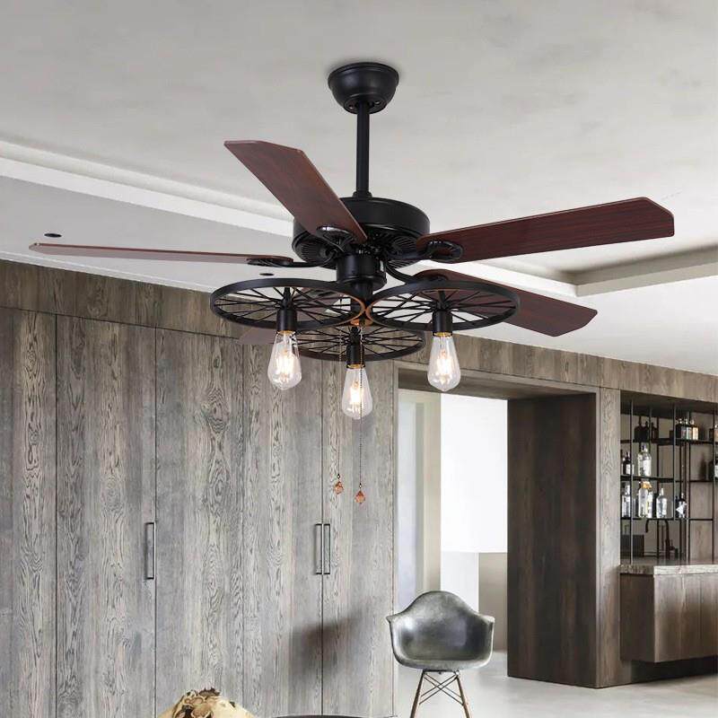 新复中式风扇厅灯客餐厅卧室吊扇灯中国风复古木叶带静音无品牌/