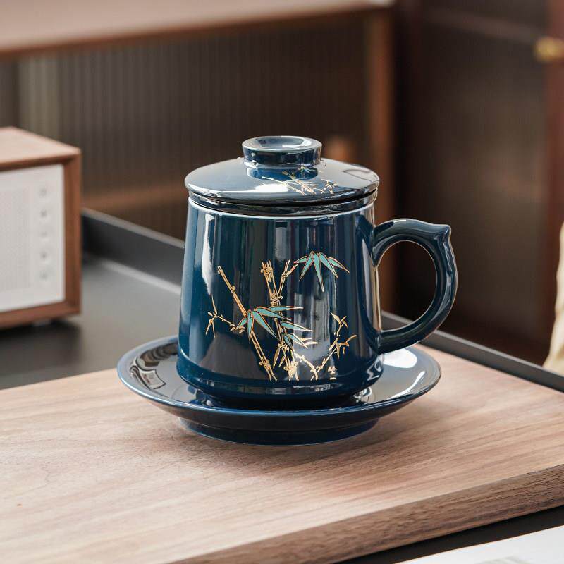 陶瓷杯杯水带盖子国风办公室茶过滤泡茶杯家用杯男s01-1209士简约