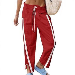 Buenoble Casual Leg Pants Drawstring Elastic Waist Rise