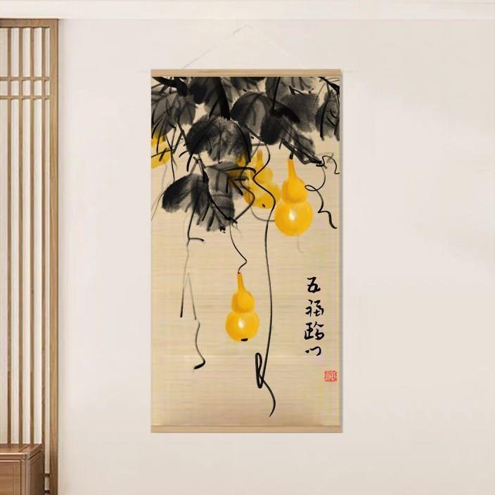 五福临门复古印花竹帘卷帘子升降窗帘挂画茶室装饰遮光隔断卷门帘