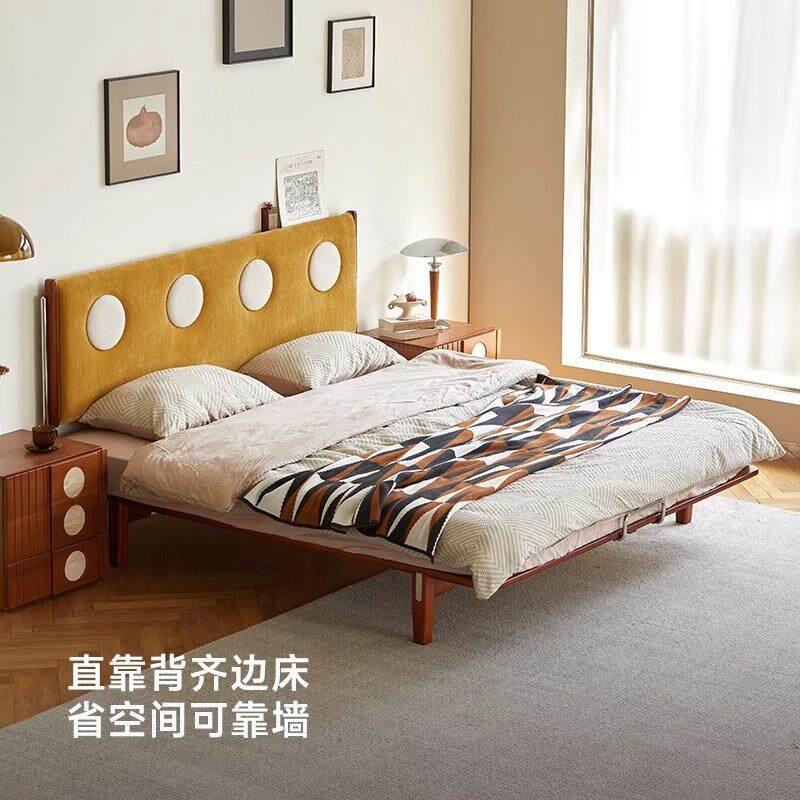 实木齐边床小户型次卧中古软包双人床无边无床头榻榻米覆古风床