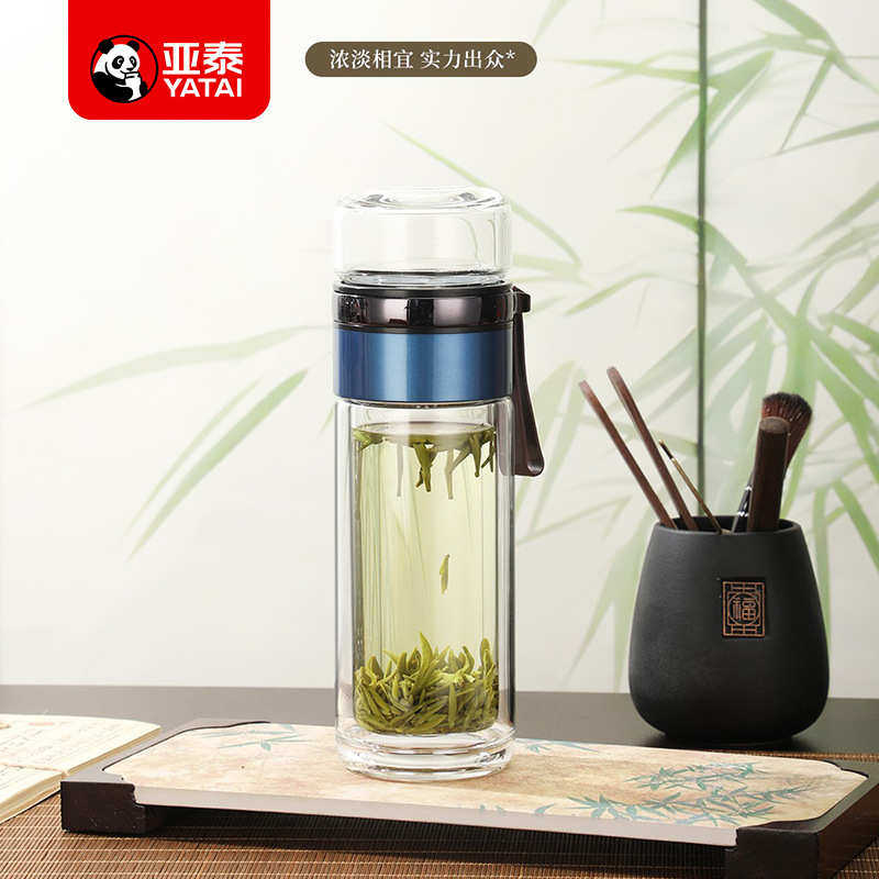 亚泰新款茶水分离双层隔热耐高温高硼硅玻璃杯子便携随行泡茶水杯
