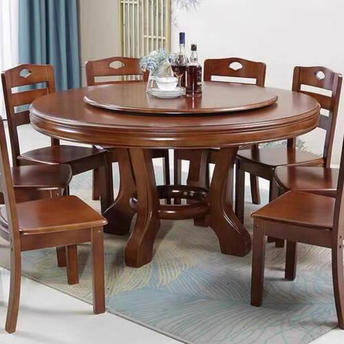 中式实木圆餐桌 家用大圆桌8-12人 带转盘实木餐桌 江西产实木桌