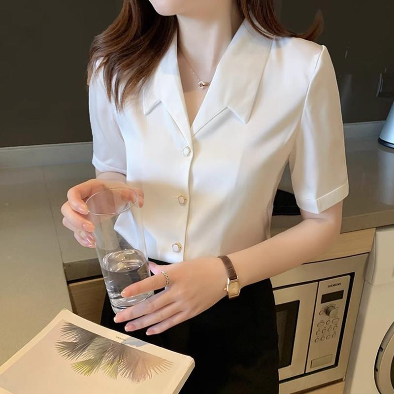 白色雪纺短袖衬衫女2025夏季新款气质职业衬衫法式小香风宽松上衣