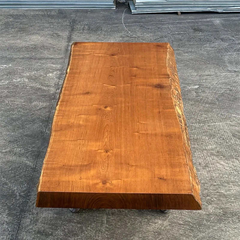 缅甸瓦城柚木大板餐桌书桌茶桌中古风侘寂家具自然边原木实木整板