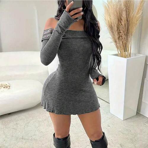 Women Off Shoulder Color Buckle Fitted Dress Fall Clothing