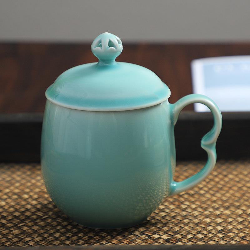 龙泉青瓷茶杯简约中式纯色杯子陶瓷水杯家用带盖泡茶350ml浮生杯