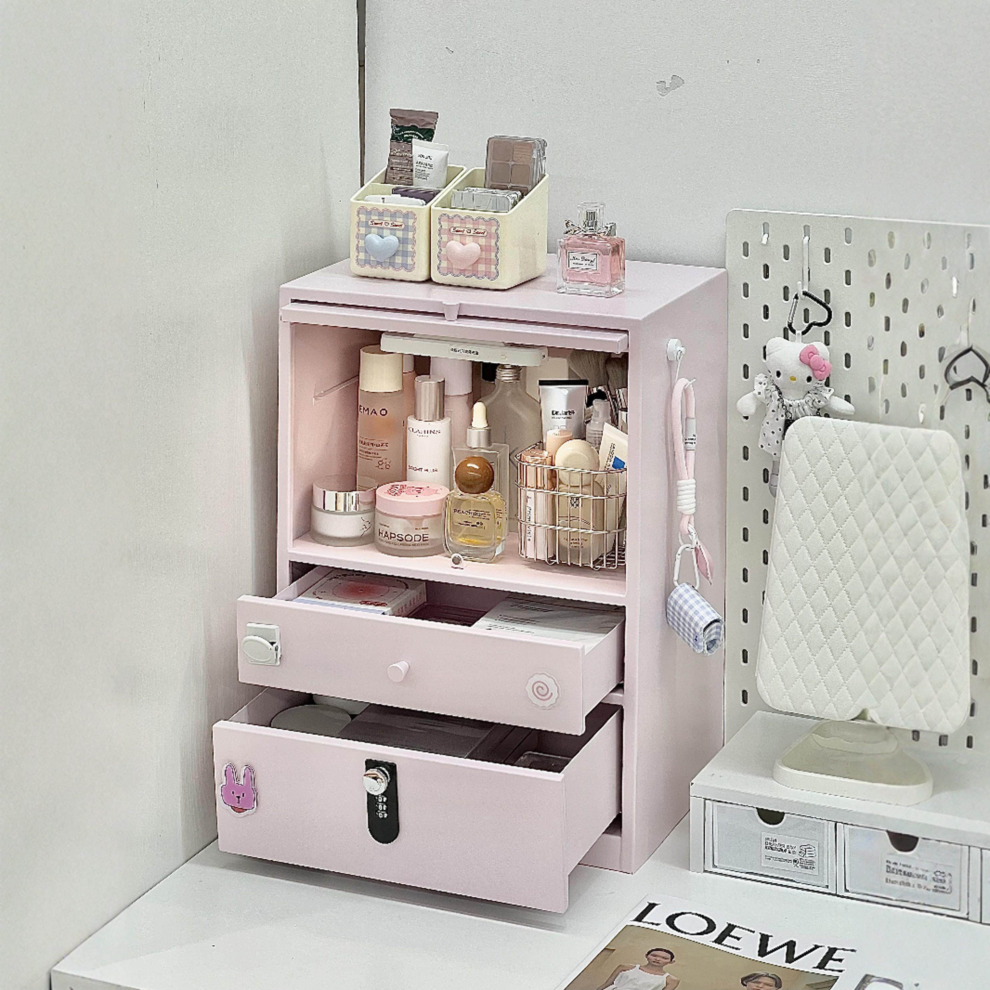 桌面铁皮收纳柜带密码锁铁皮柜学生书桌化妆品香水面霜防尘置物架