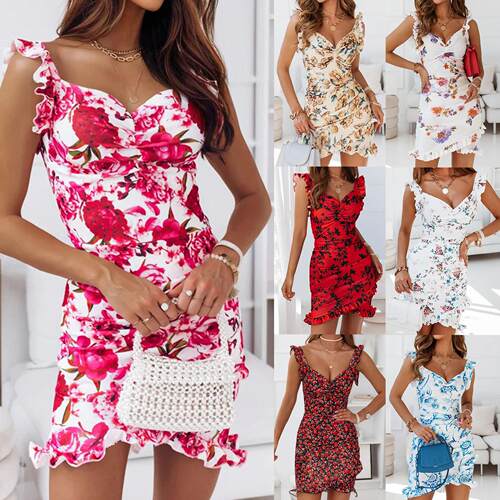 Women Floral Dress Sexy Printed Casual V Neck Party Evening
