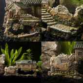 水族箱山缸鱼造景装 饰品虾躲鱼假避NHA屋建筑模型老房子微景观小