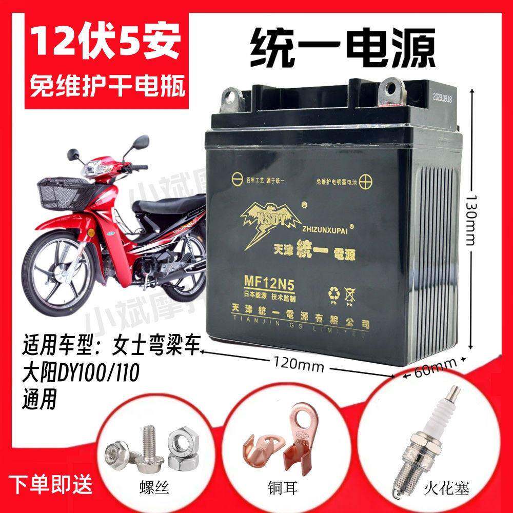 适用大阳弯梁DY100/110女士豪爵免维护蓄电池12V5A擎豹统一干电瓶