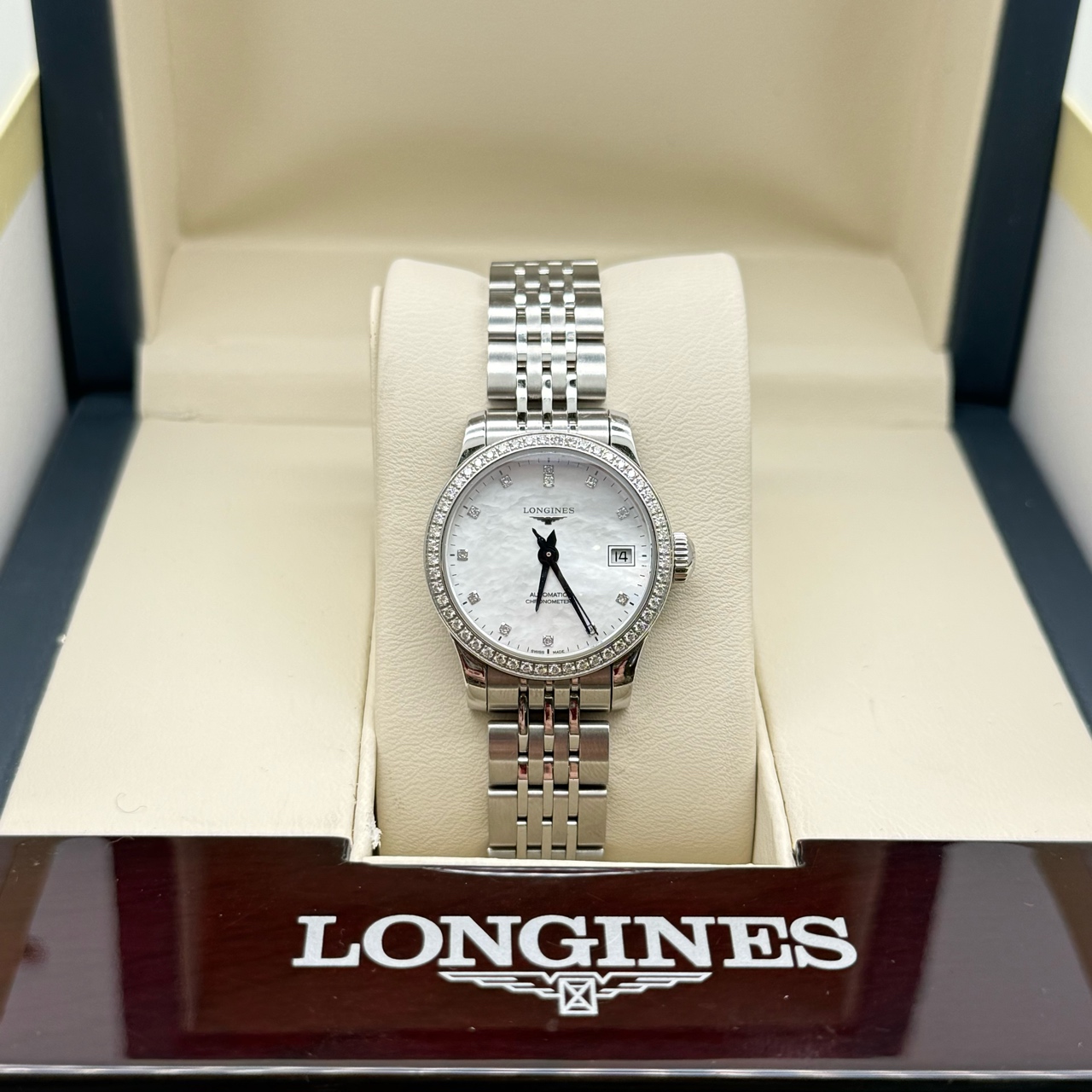 新款9.8新 浪琴开创者精钢自动机械贝母钻石女表L2.320.0.87.6