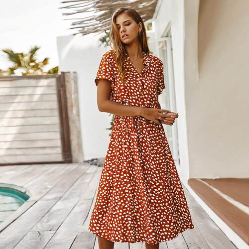 Women's polka dot short sleeved dress, shirt collar dress